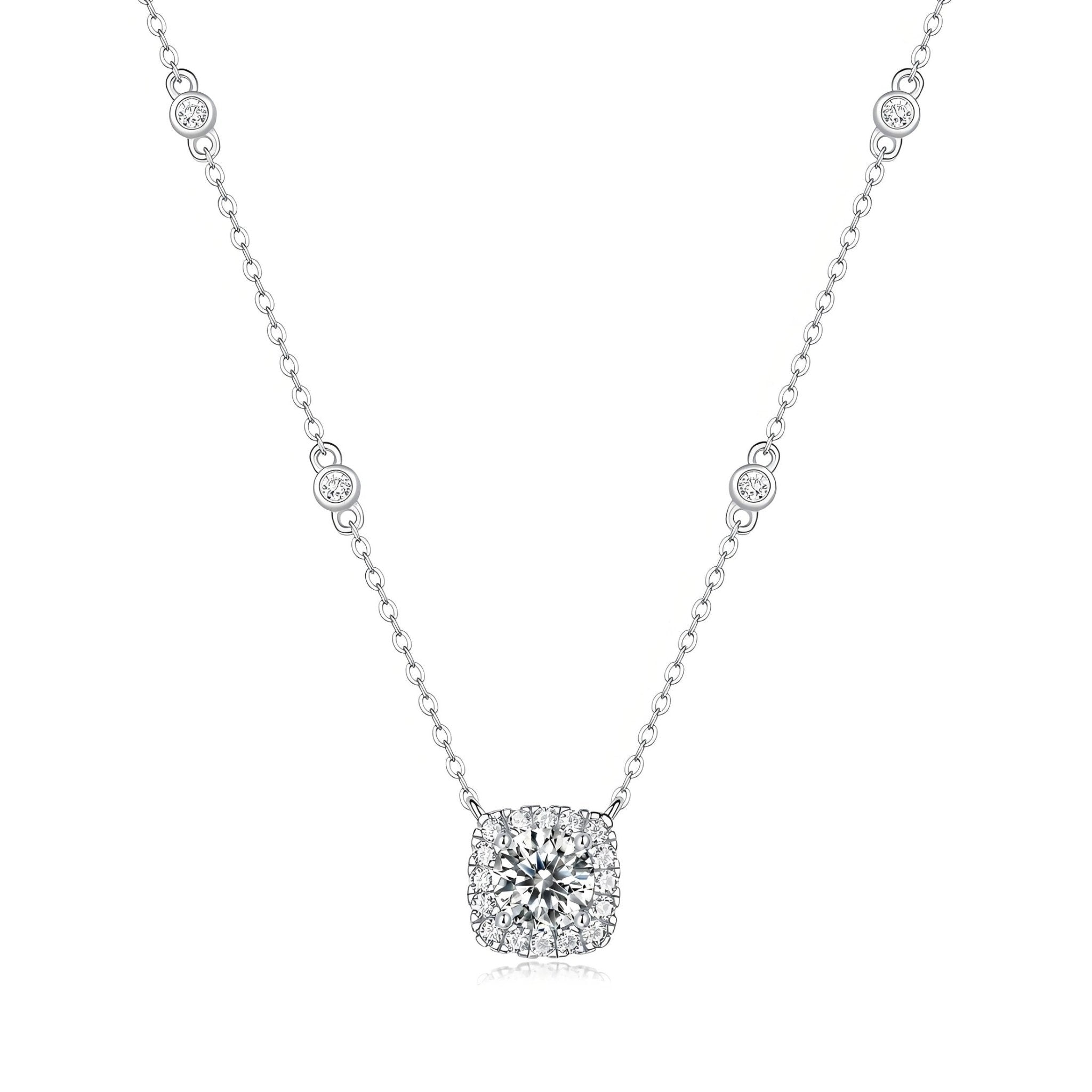 Station Moissanite Square Pendant Necklace in Seamless Halo Setting (1ct. ) - La Pretti